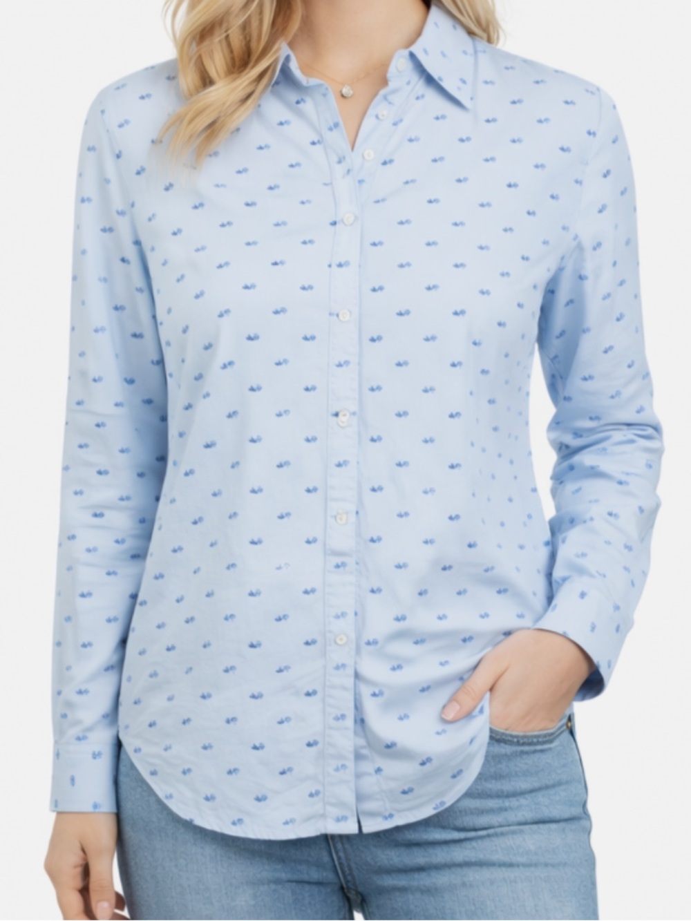 J McLaughlin Women’s XS Button Down Shirt Vertical Stripes Textured Blue Dots